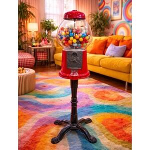 Vintage Carousel 35" Tall Standing Gum Ball Machine Taiwan Red Black Cast Iron